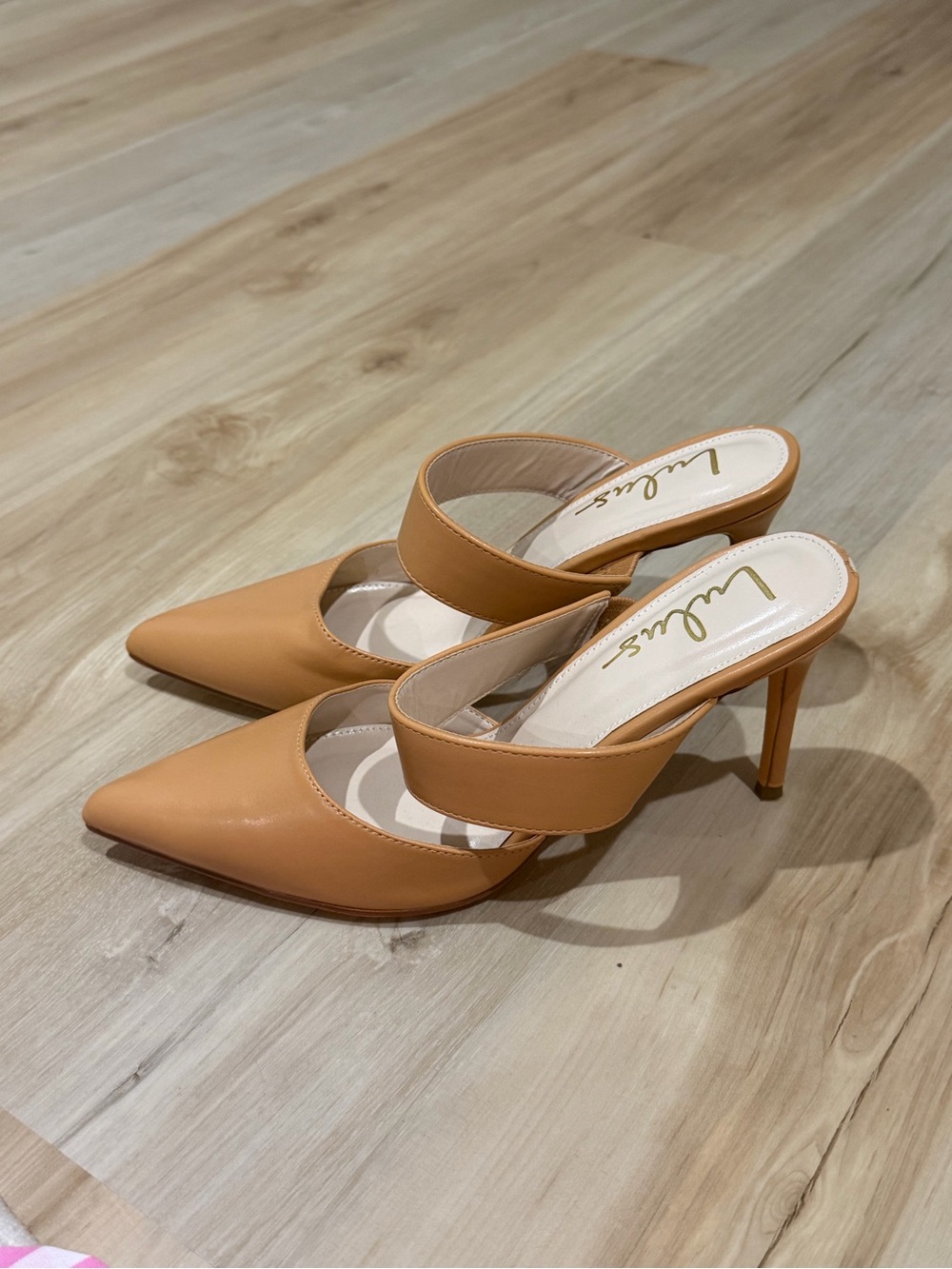 Luxe Caramel/Tan Pointed-Toe Mule Heels